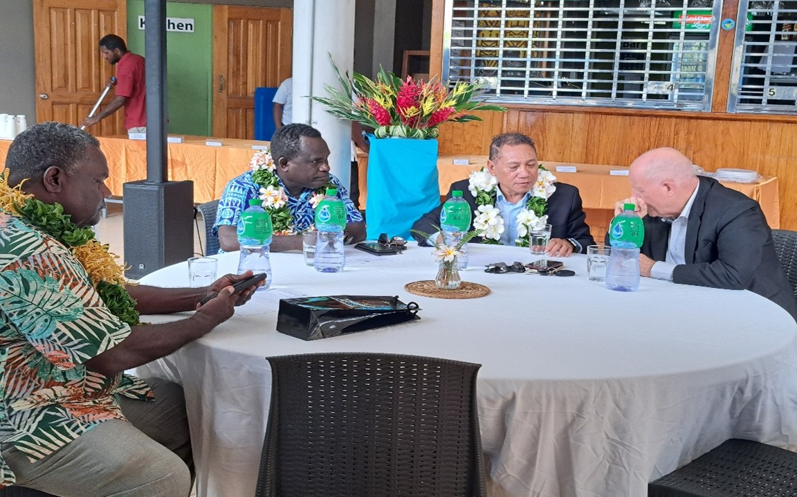 His Excellency, New Zealand High Commissioner to Solomon Islands Jonathan Schwass chatting with MCA’s outgoing Minister, Hon. Peter Shanel and MCA’s new Minister Hon. Fredrick Kologeto while MCA’s outgoing Permanent Secretary, Mr. Moses Virivolomo looks on.